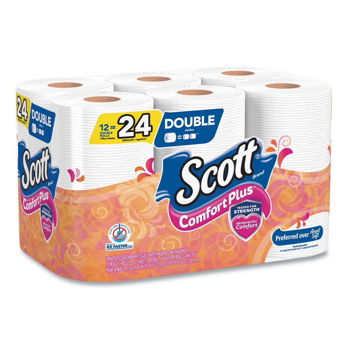 Scott ComfortPlus Toilet Paper, Double Roll, Bath Tissue, Septic Safe, 1-Ply, White, 231 Sheets/Roll, 12 Rolls/Pack, 4 Packs/Carton