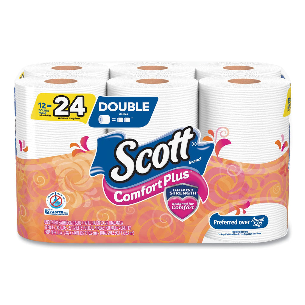 Scott ComfortPlus Toilet Paper, Double Roll, Bath Tissue, Septic Safe, 1-Ply, White, 231 Sheets/Roll, 12 Rolls/Pack, 4 Packs/Carton