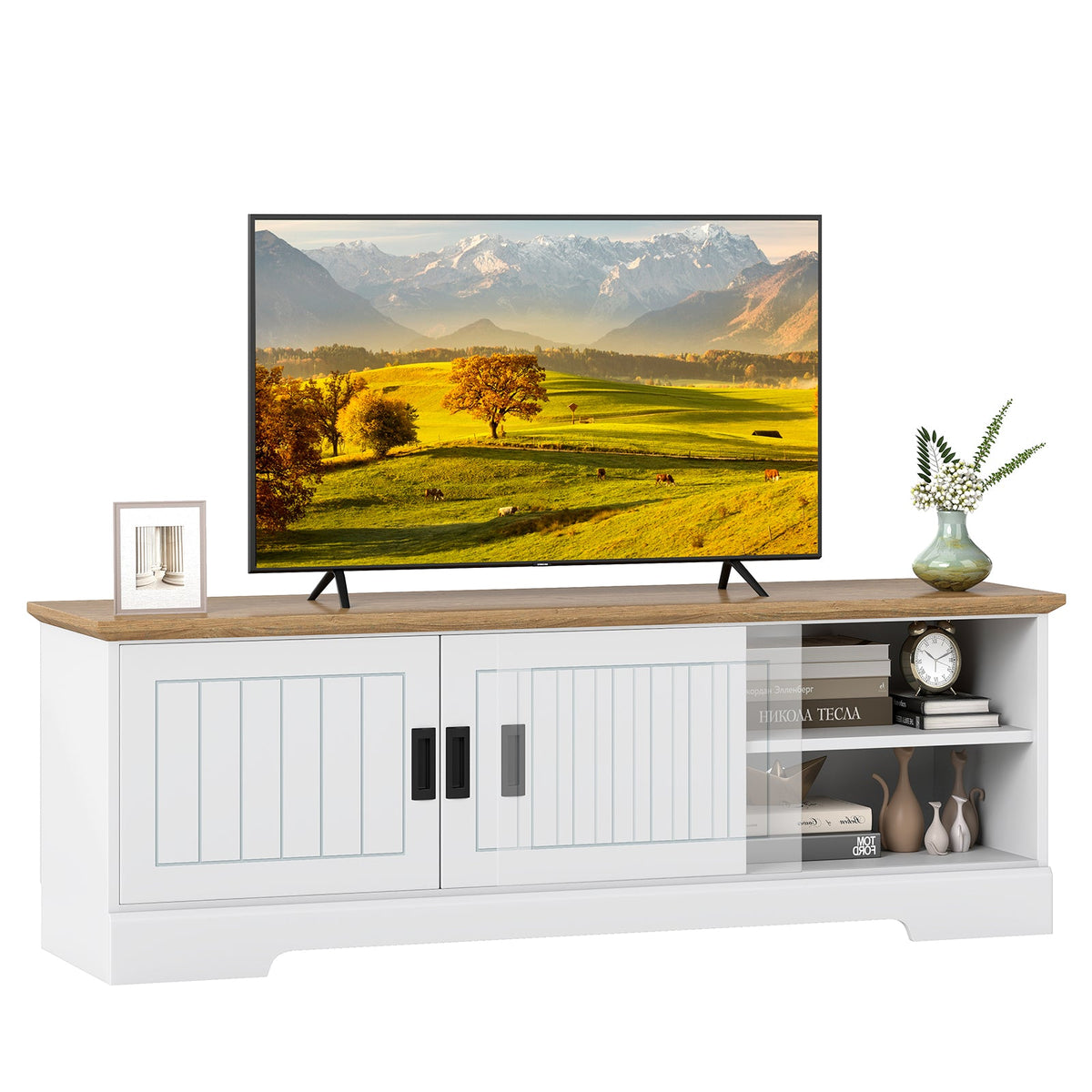 Farmhouse TV Stand for TVs up to 65 Inch with Sliding Doors and Storage Cabinets-White