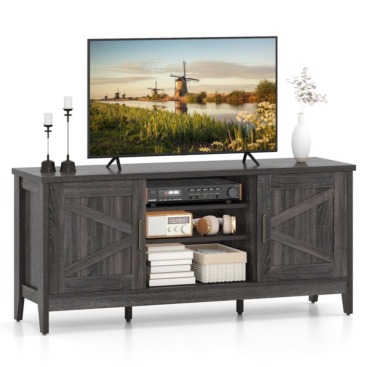 Farmhouse TV Stand for TVs up to 65 Inch Entertainment Center with 2 Storage Cabinets-Gray