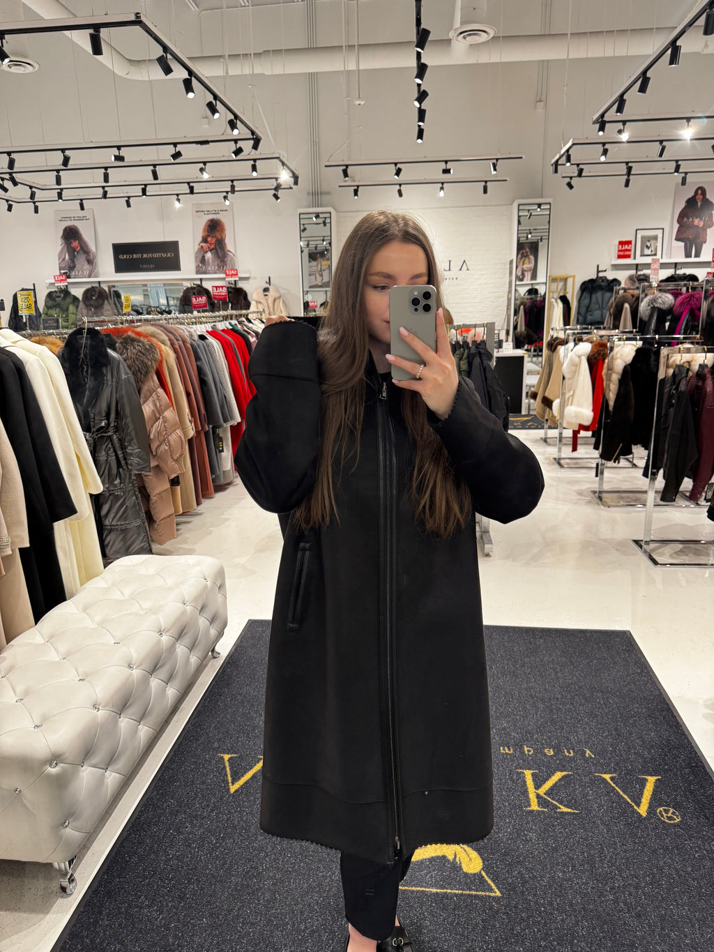 Reversible Faux Fur & Suede Coat in Black/Black