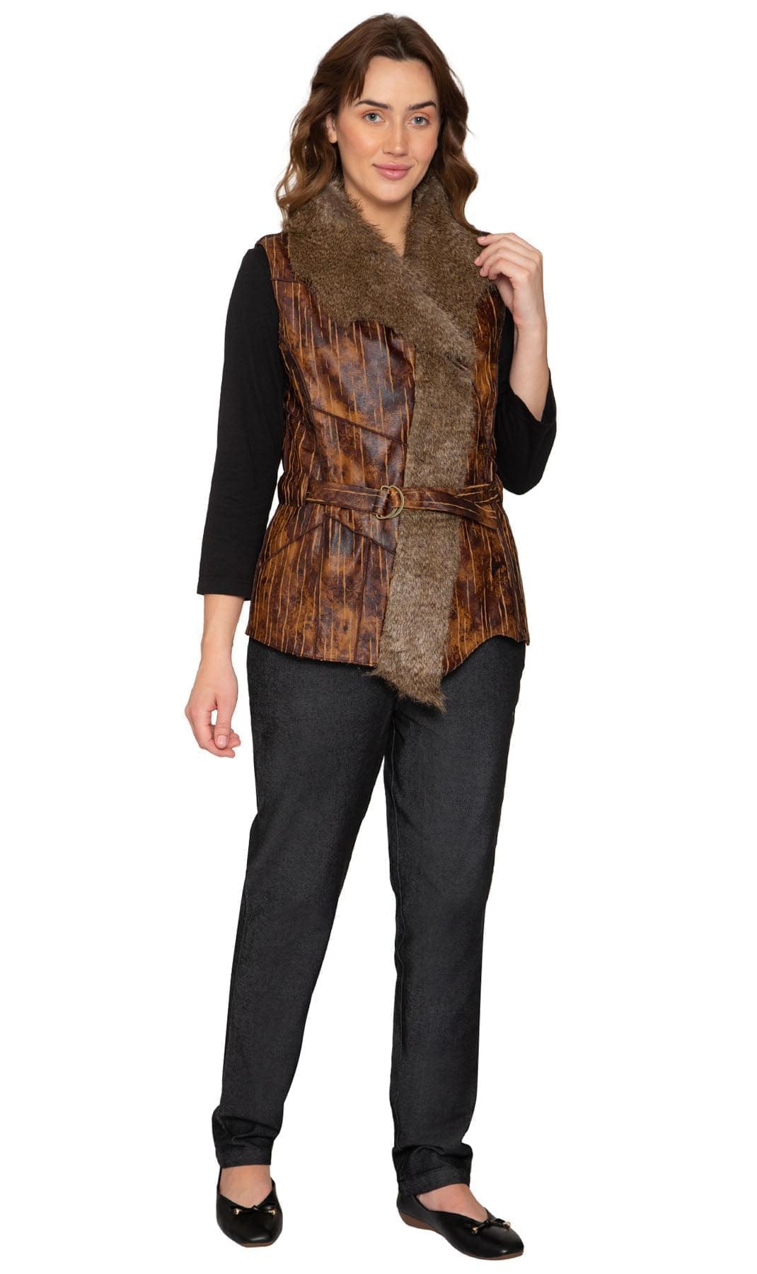 Women's Faux Fur Trimmed Belted Vegan Leather Vest