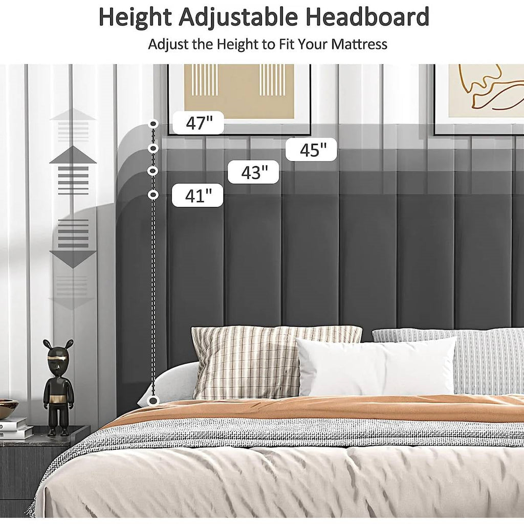 Queen size Dark Grey Upholstered Platform Bed Frame with Headboard-2